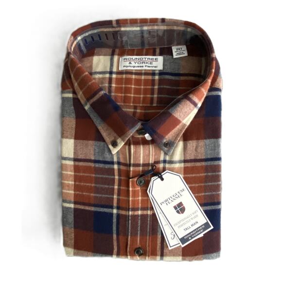 Roundtree & Yorke Big & Tall Men's 2XT Portuguese Flannel Button-Down Shirt NEW - Picture 1 of 5